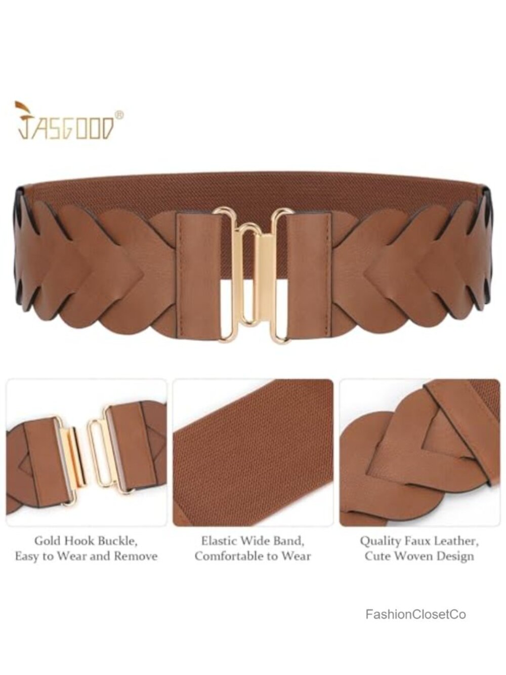 Women's Wide Stretchy Faux Leather Braided Waist Belt with Gold Buckle - Picture 4 of 6